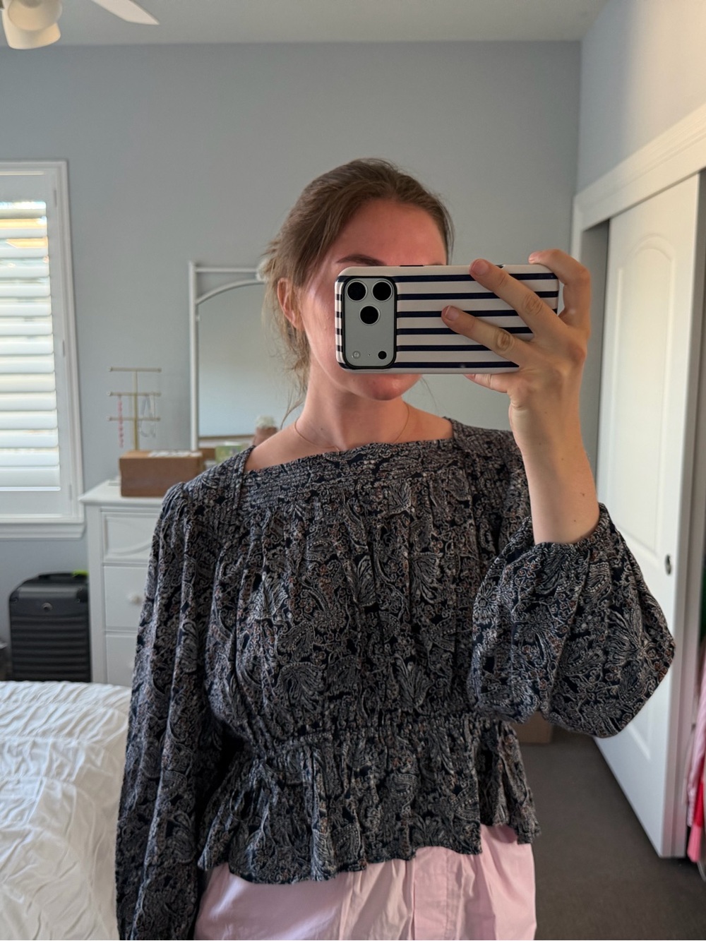 Treasure and Bond NWT** Smocked Square-Neck Long-Sleeve Blouse in Navy Paisley